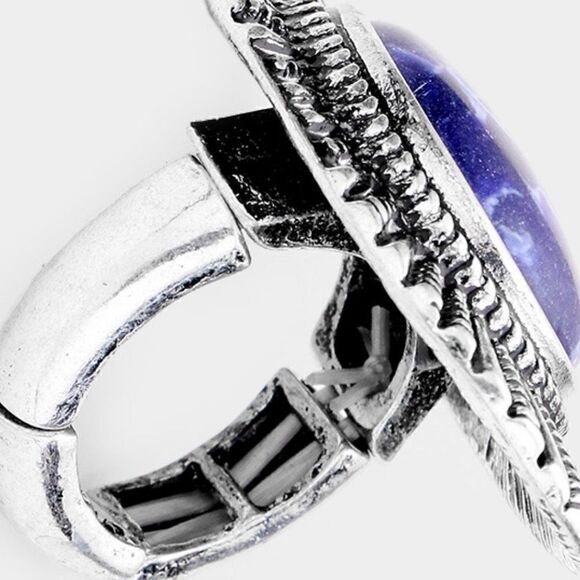 Natural Stone Blue Tribal Metal Stretch Ring - Picture 4 of 7